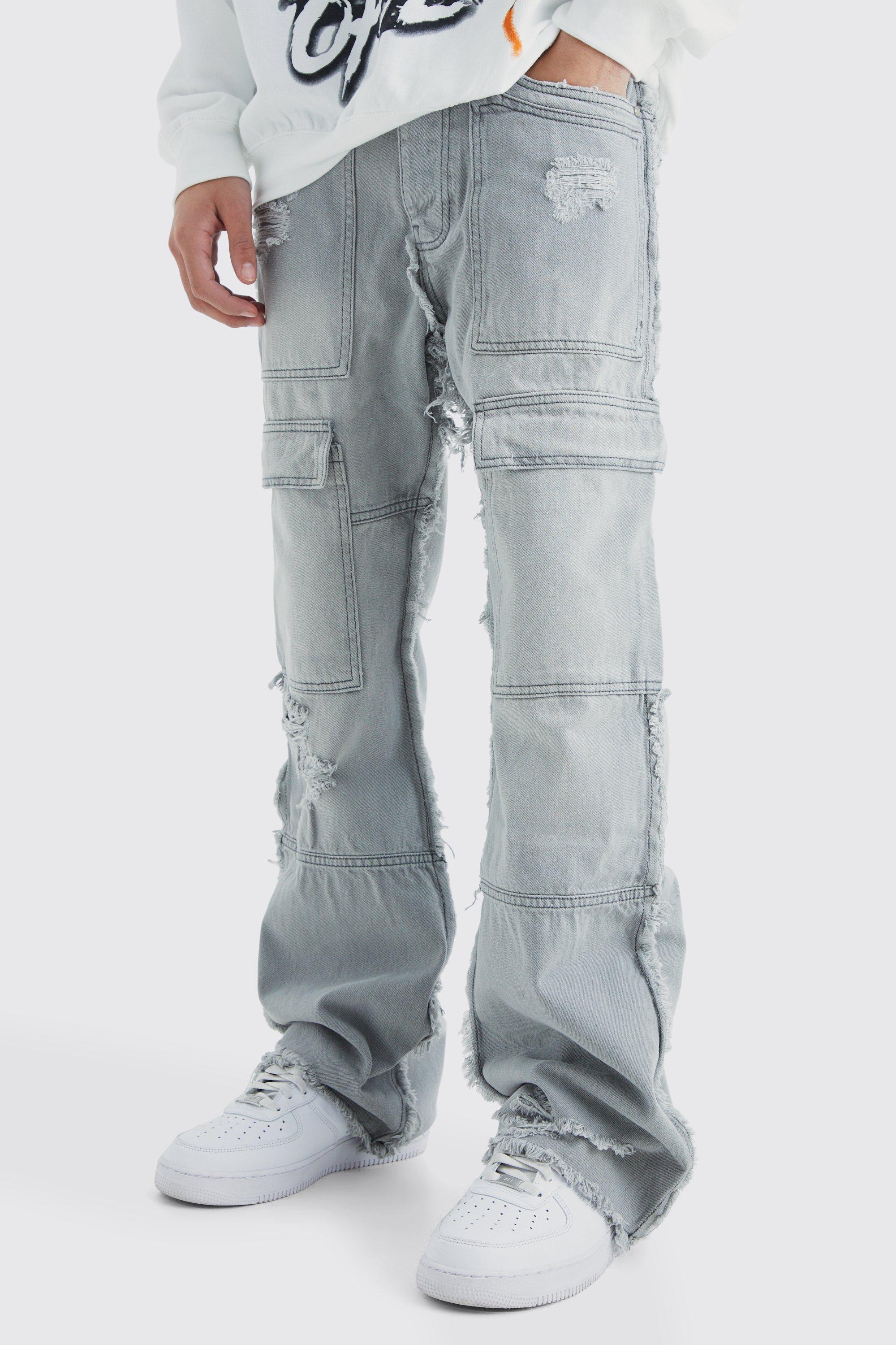 Relaxed Rigid Flare Frayed Edge Cargo Jeans | boohooMAN USA